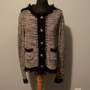 Label + Thread Women's Gray Button Front Knit Fringe Cardigan Sweater